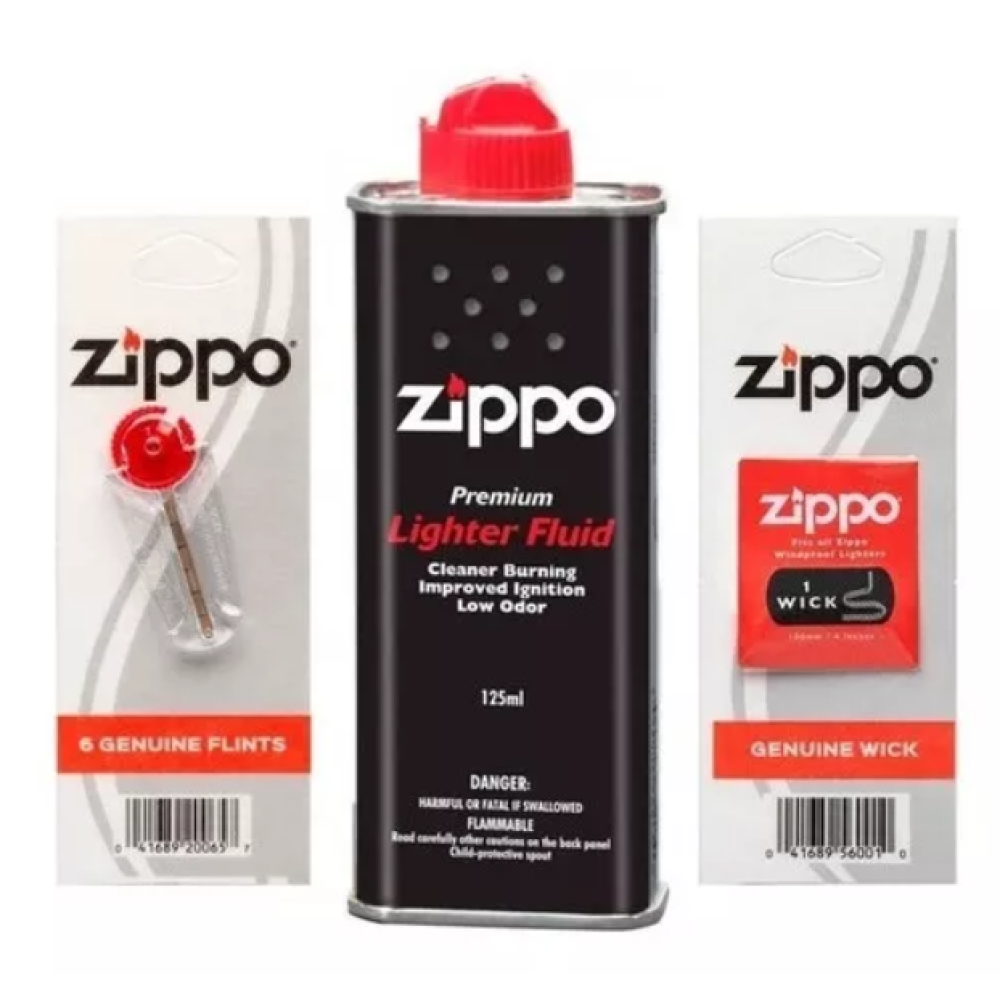 KIT FLUIDO ZIPPO 125ml + PEDRA ZIPPO + PAVIO ZIPPO