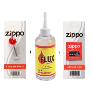 KIT FLUIDO FLUX 100ml + PEDRA ZIPPO + PAVIO ZIPPO