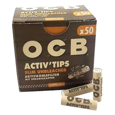 FILTRO DE CARVÃO ATIVADO OCB SLIM UNBLEACHED ACTIV 7mm caixa com 50 filtros